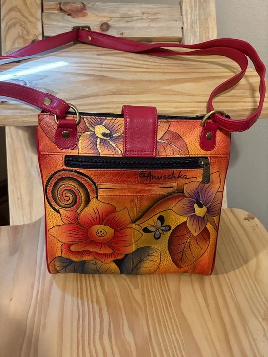 Anuschka Leather Floral Painted Red Crossbody Bag - Picture 2 of 10